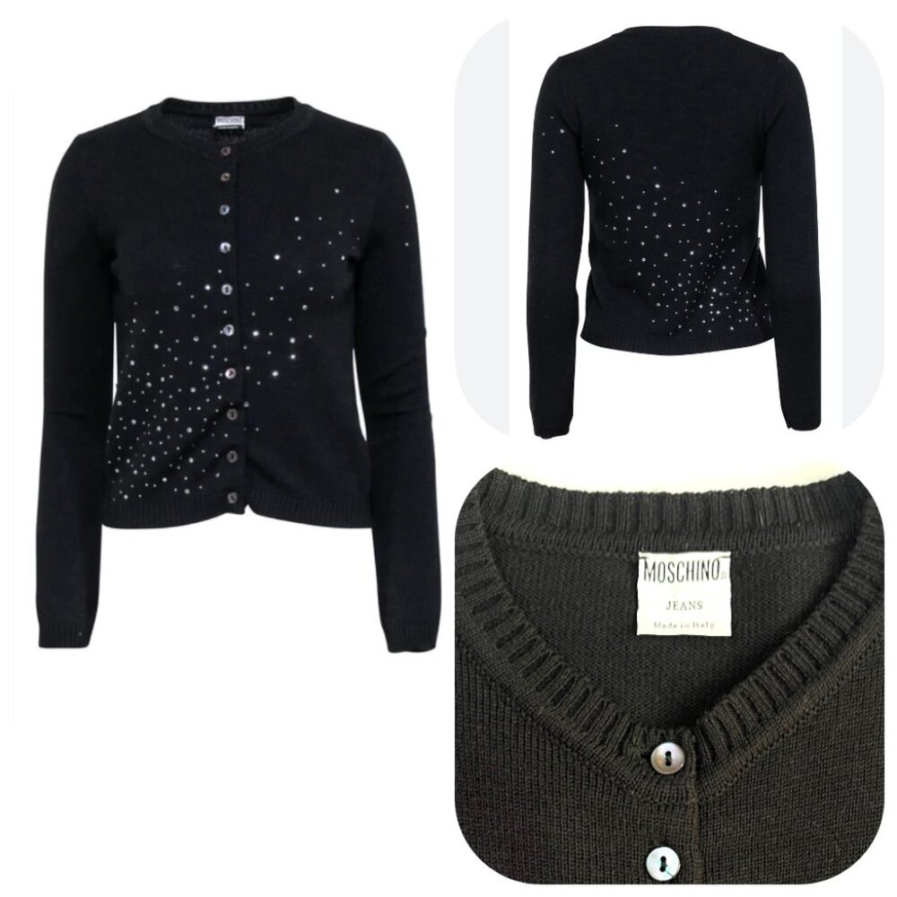Auc Moschno Rhinestones embellished Lana Wool Black cardigan S - Picture 5 of 14